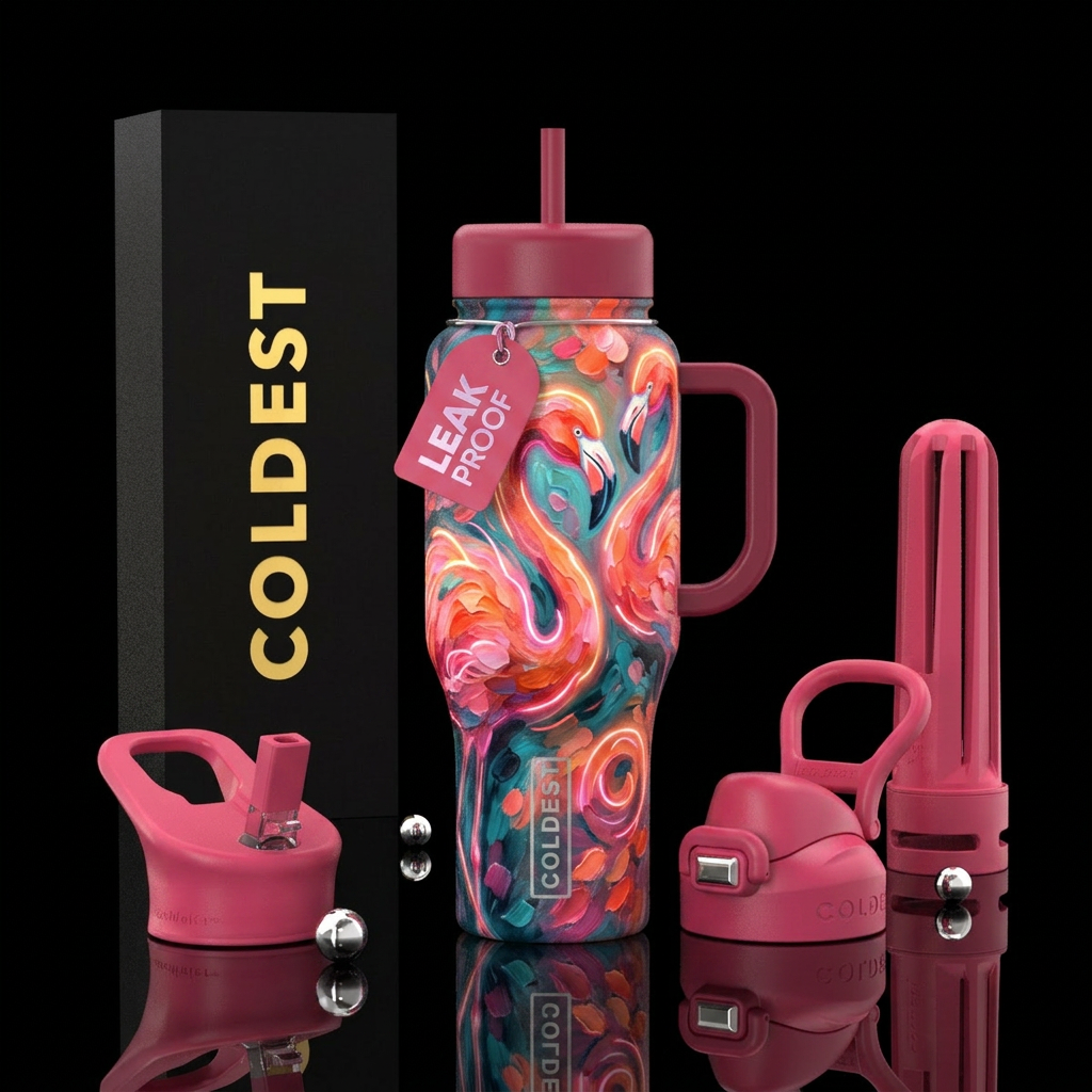 flamingo, glowie, abstract, swirls, painting, wate... water bottle design