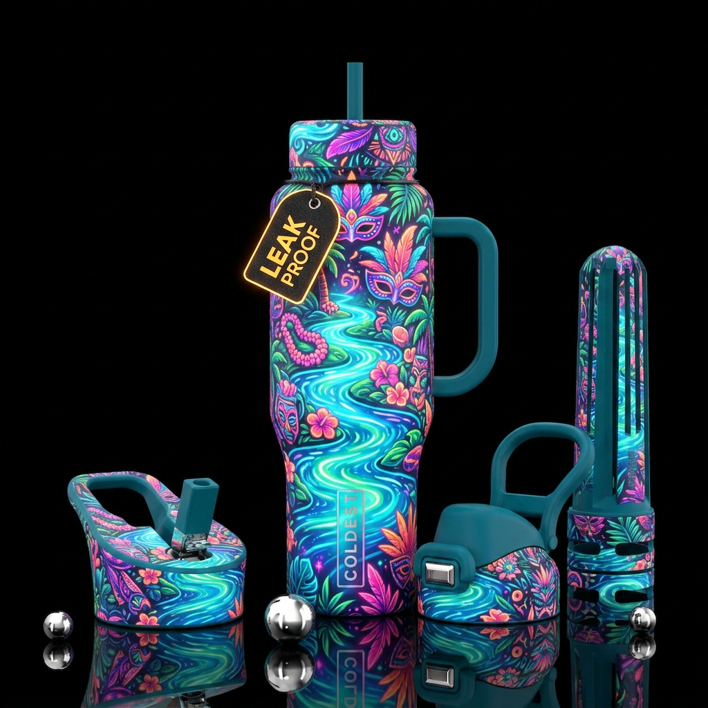 oasis, rio carnival, mesmerizing, gentle stream, n... water bottle design