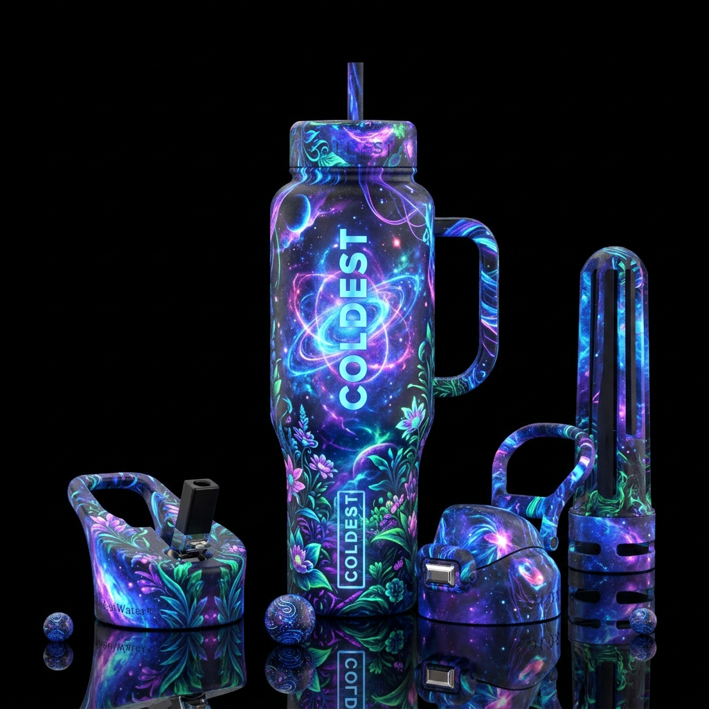 astral, calm waters, quantum, glowie, secret garde... water bottle design