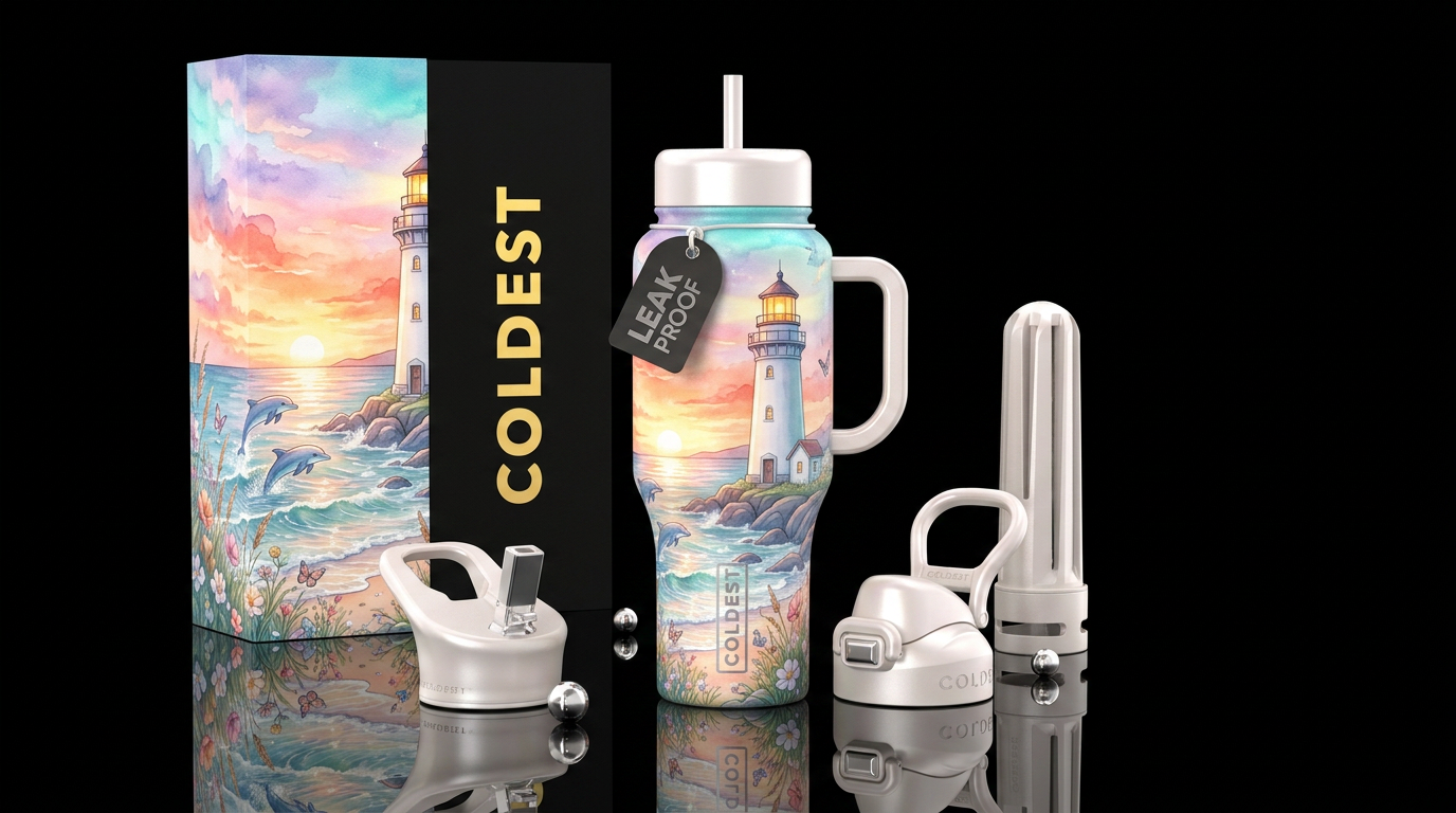 A dreamy spring coastal sunset scene wrapped aroun... water bottle design