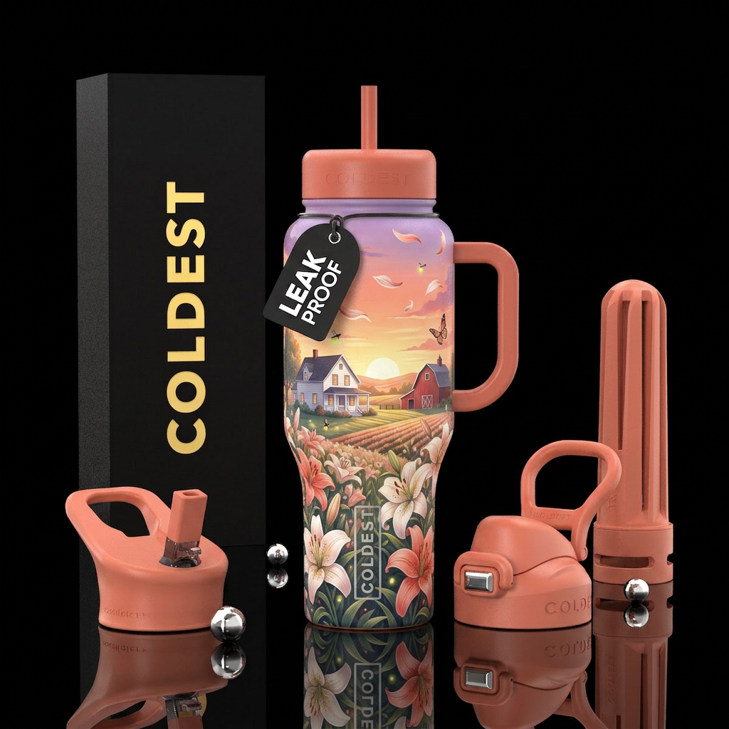 A magical countryside spring sunset scene wrapped ... water bottle design