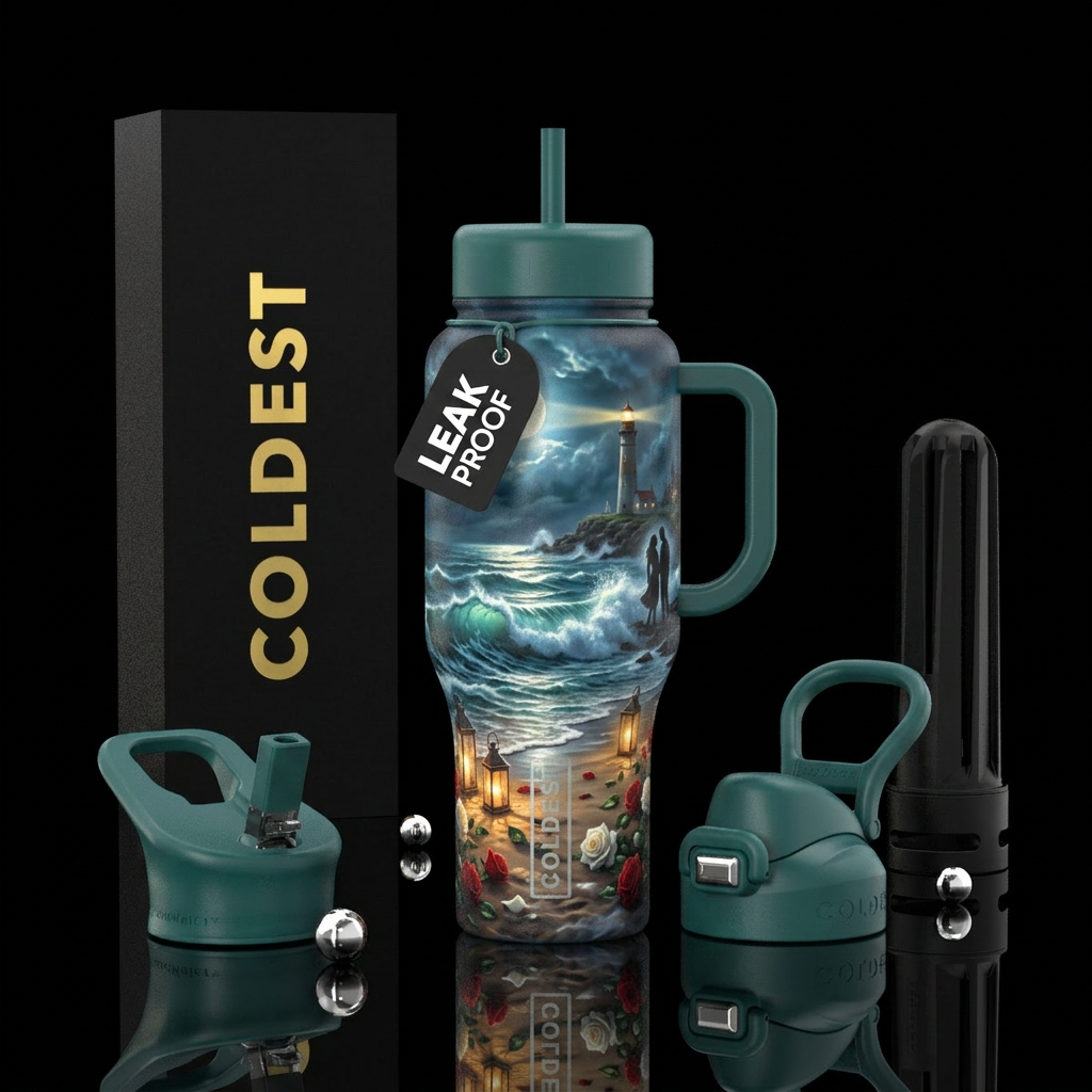 “Love on the Coast” Stormy romantic beach with lan... water bottle design