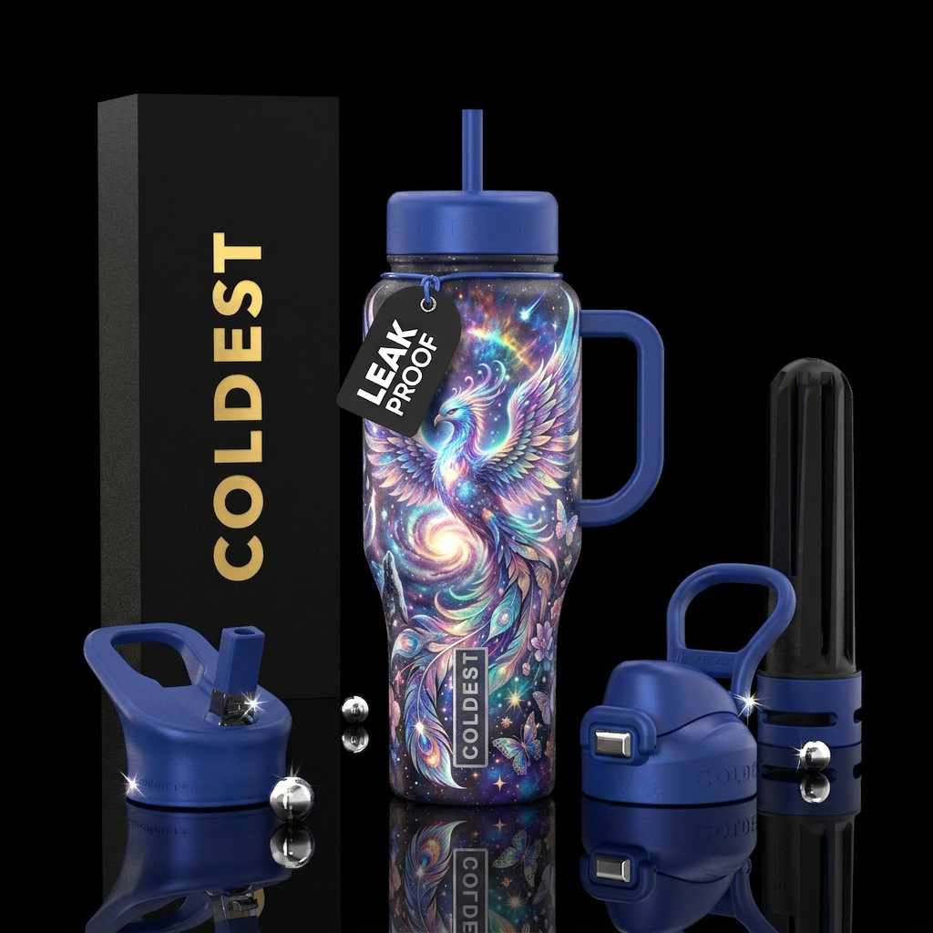 Create an epic fantasy tumbler wrap featuring a co... water bottle design