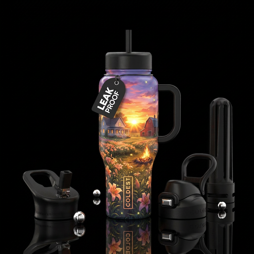 A peaceful countryside at sunset featuring a charm... water bottle design