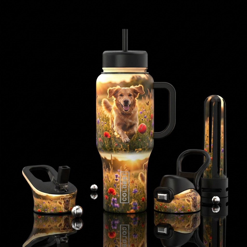 A happy dog running through a sunlit field of wild... water bottle design