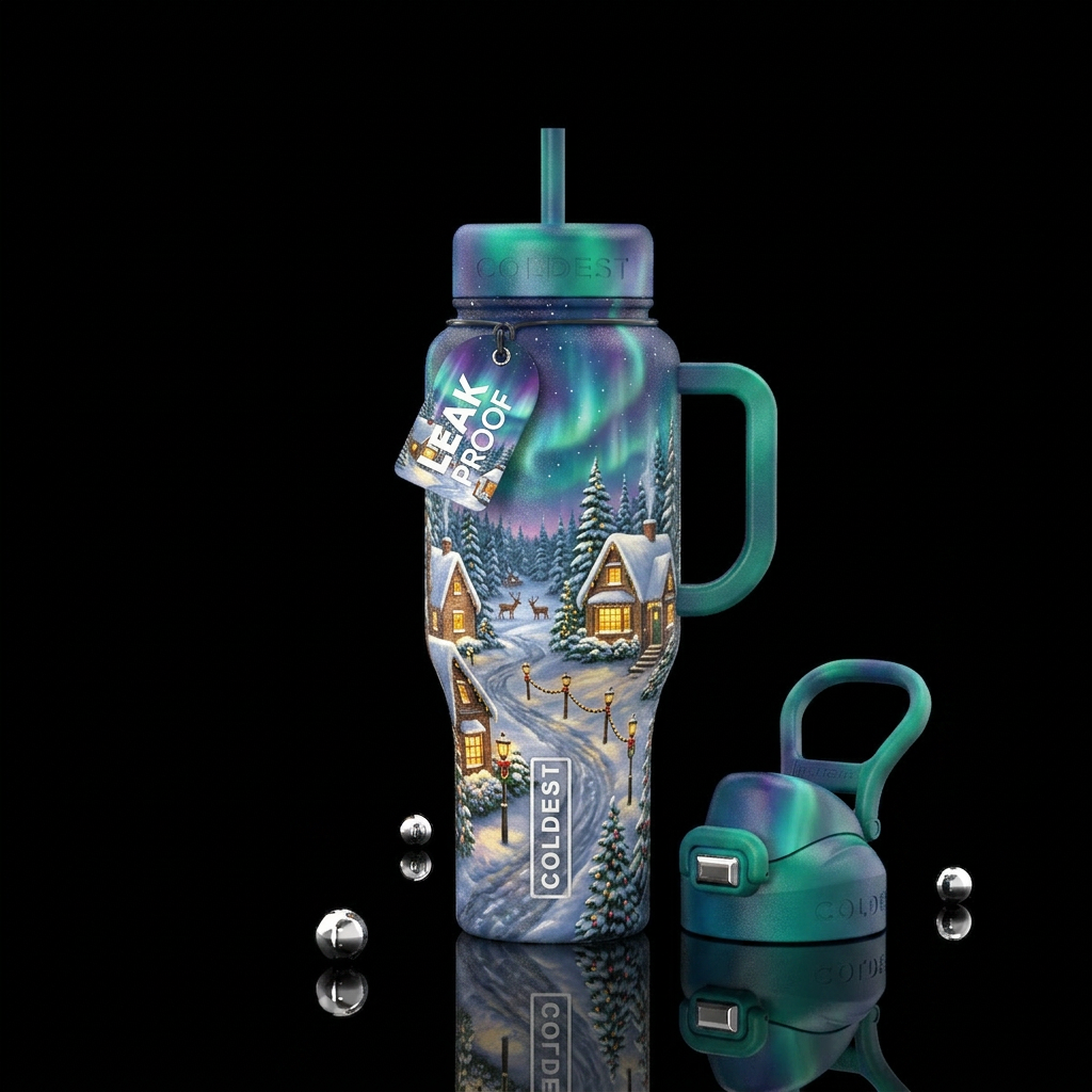 A cozy Christmas village nestled beneath the North... water bottle design