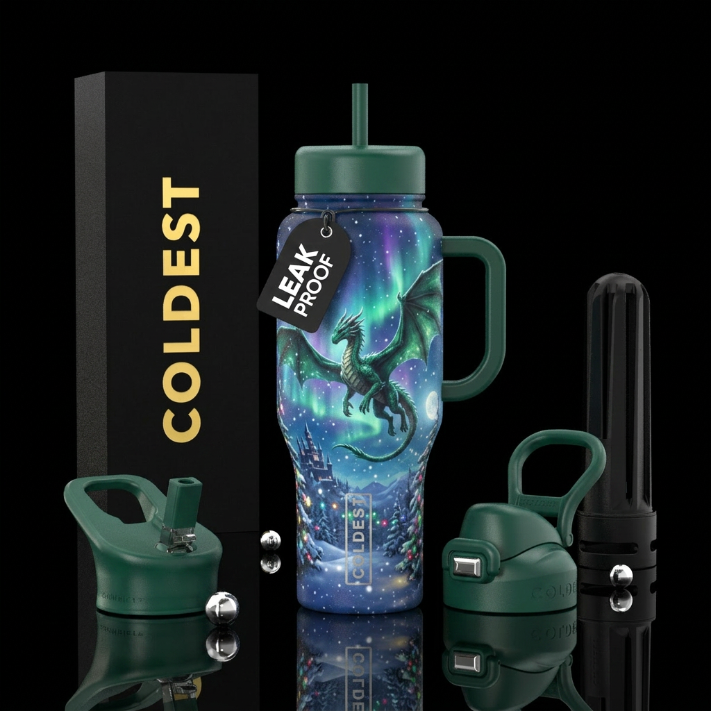 A majestic emerald dragon flying through a snowy C... water bottle design