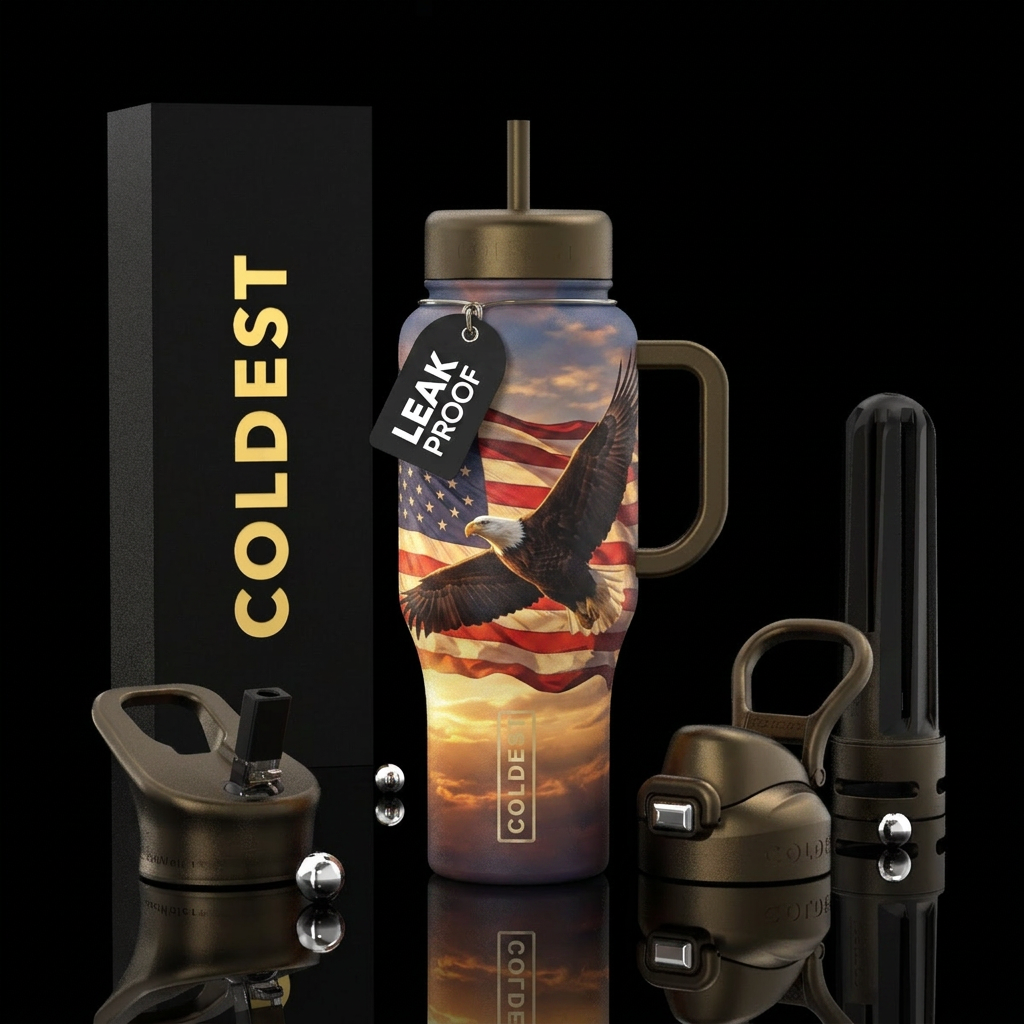 A majestic bald eagle soaring through a waving Ame... water bottle design