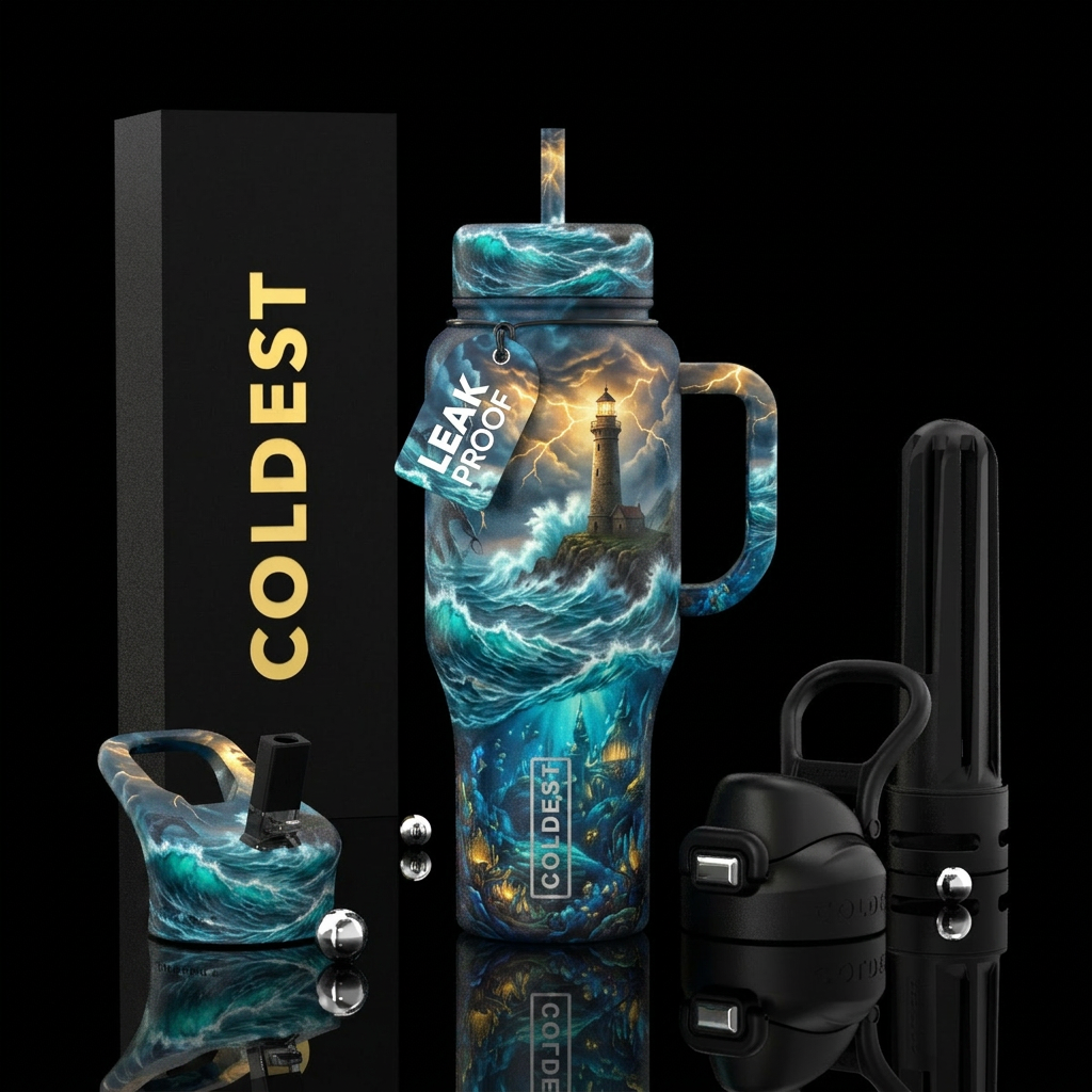 Stormkeeper Ancient lighthouse battling a raging o... water bottle design