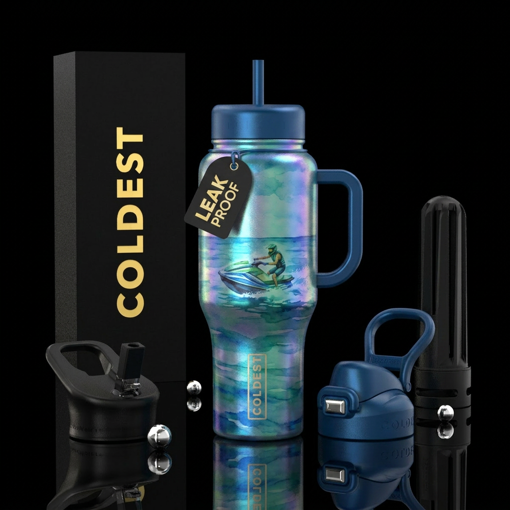irridescent,,, watercolor, ocean, jet skiing water bottle design