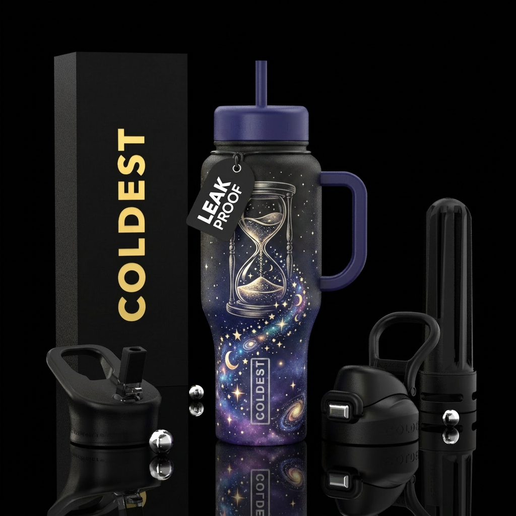 A celestial hourglass spilling stars, moons, and g... water bottle design