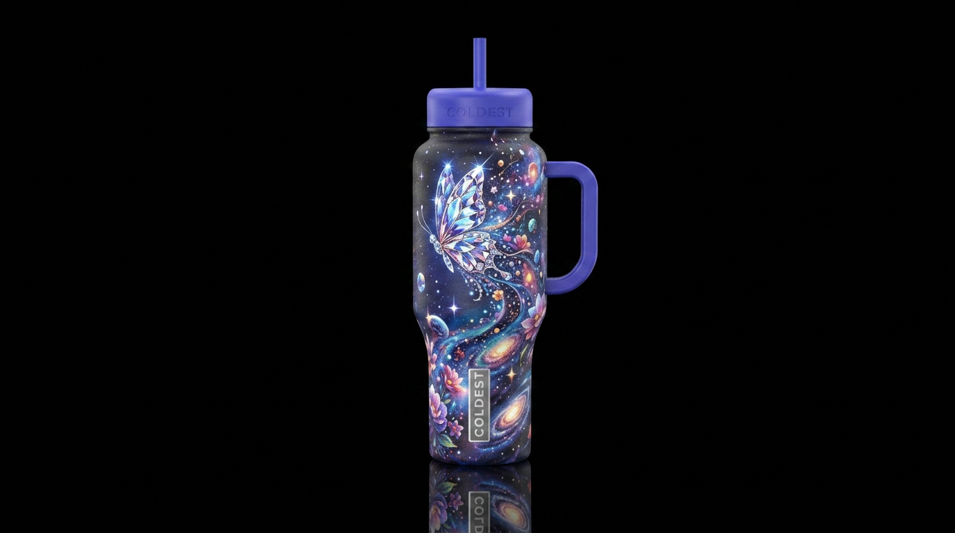 A crystal butterfly transforming into stars, flowe... water bottle design