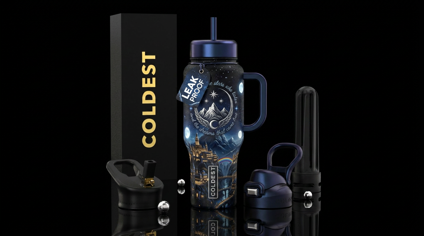 black cup with velaris in the background and the n... water bottle design
