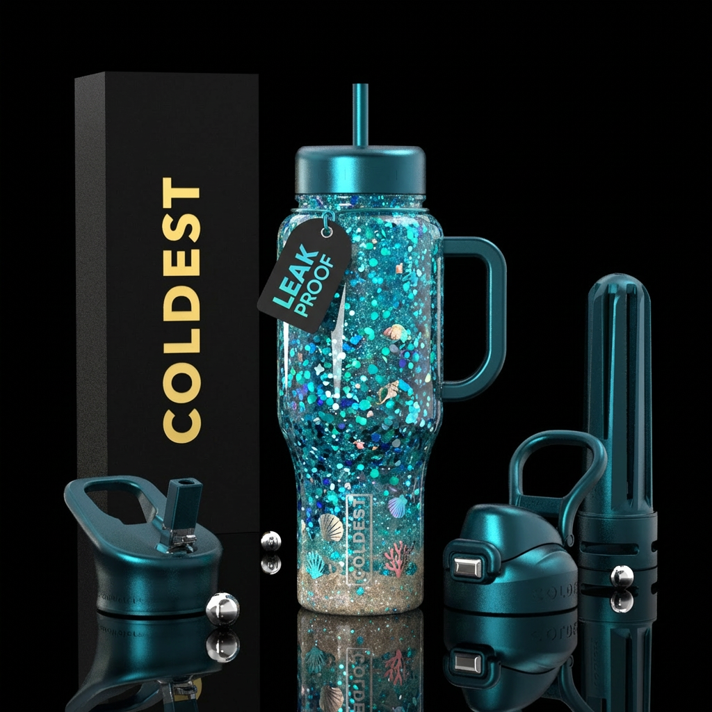 Create a sparkly, glittery, confetti, ocean theme ... water bottle design