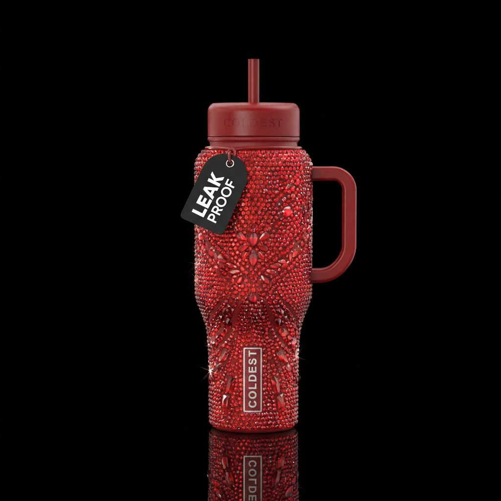Red bedazzled evening gown skin on bottle water bottle design