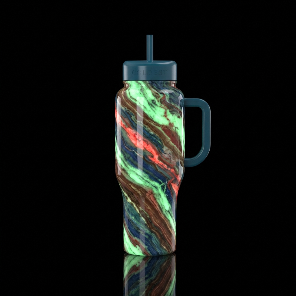 Glowing green, glowing red, blue and brown marble ... water bottle design