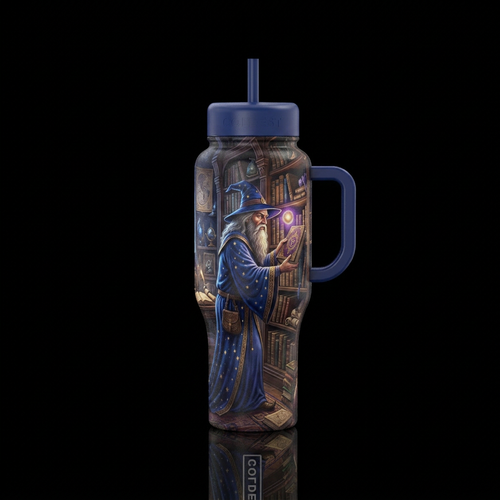 wizard and books water bottle design