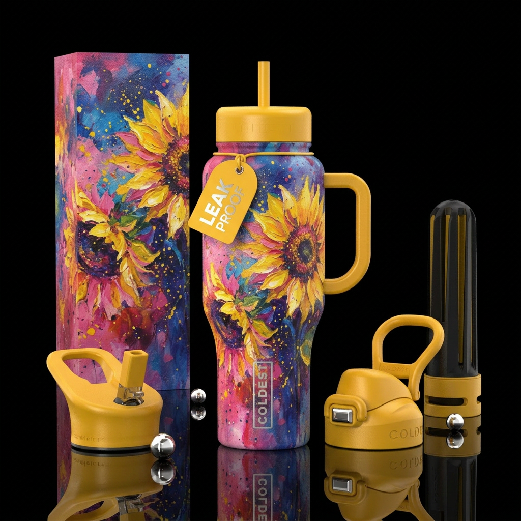 Sunflowers in pink water bottle design