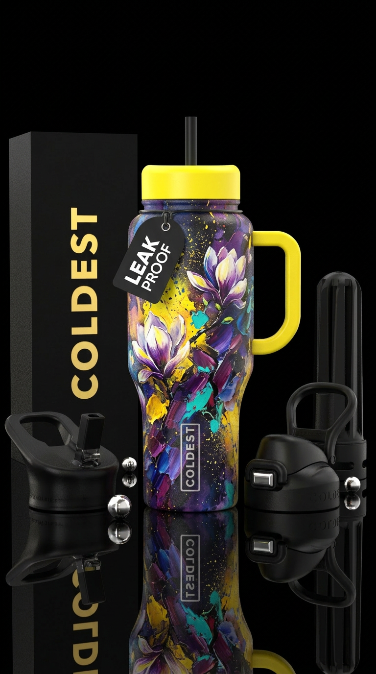 Magnolia in color - yellow handle 2 water bottle design