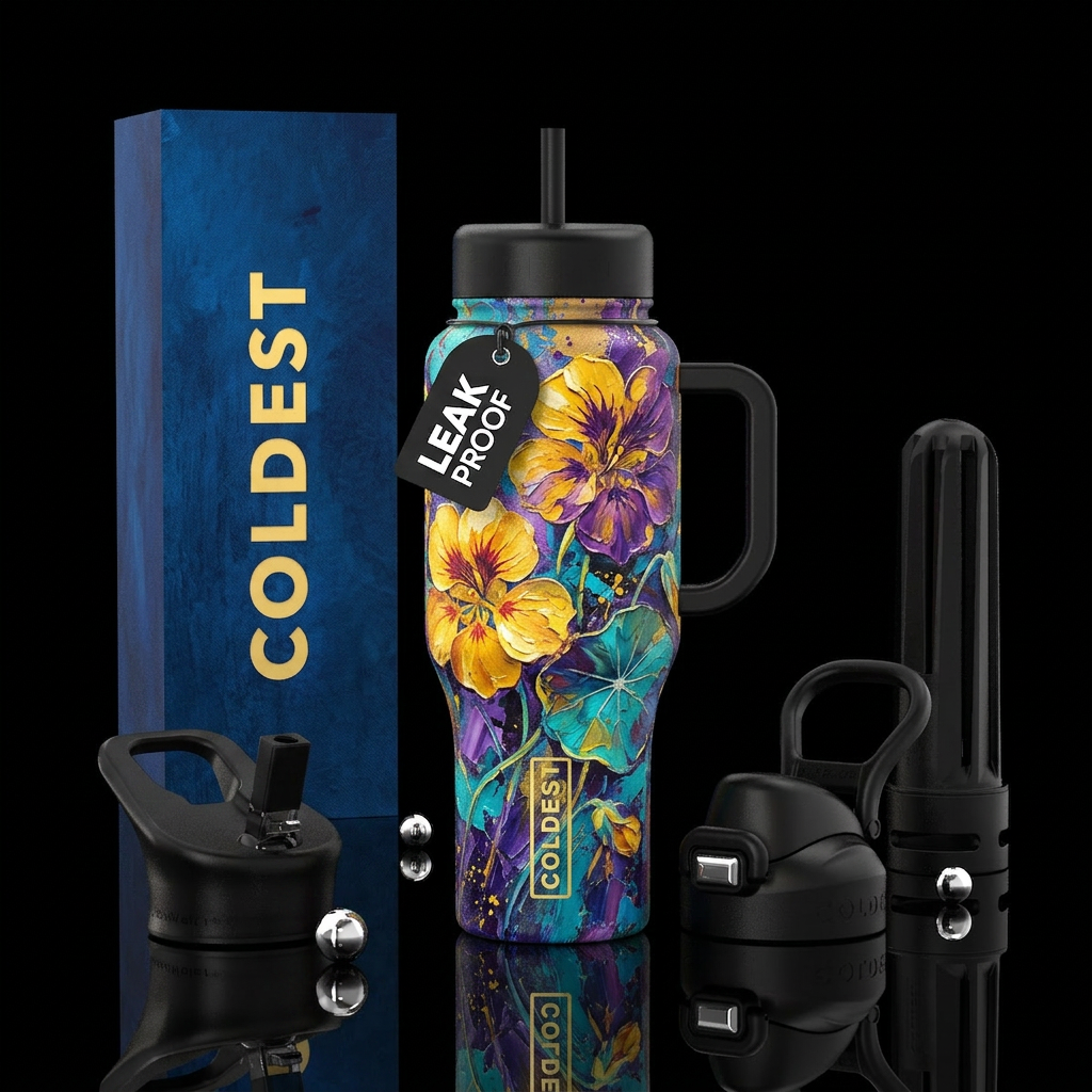​"A vibrant, colorful textured canvas art piece fe... water bottle design