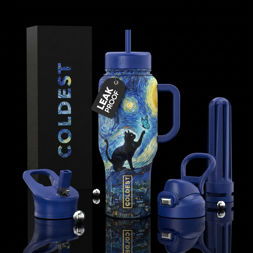 Van gough and the black cat water bottle design