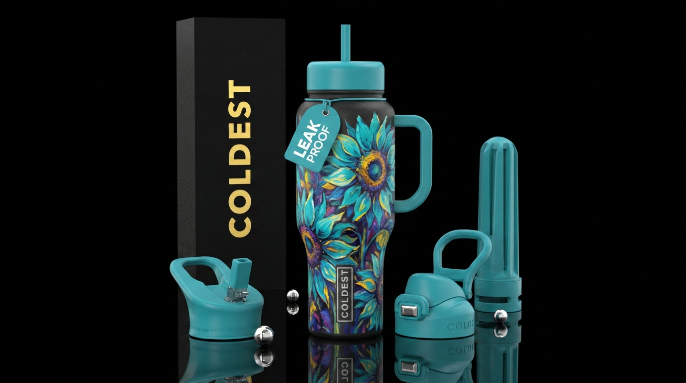 Teal sunflowers water bottle design