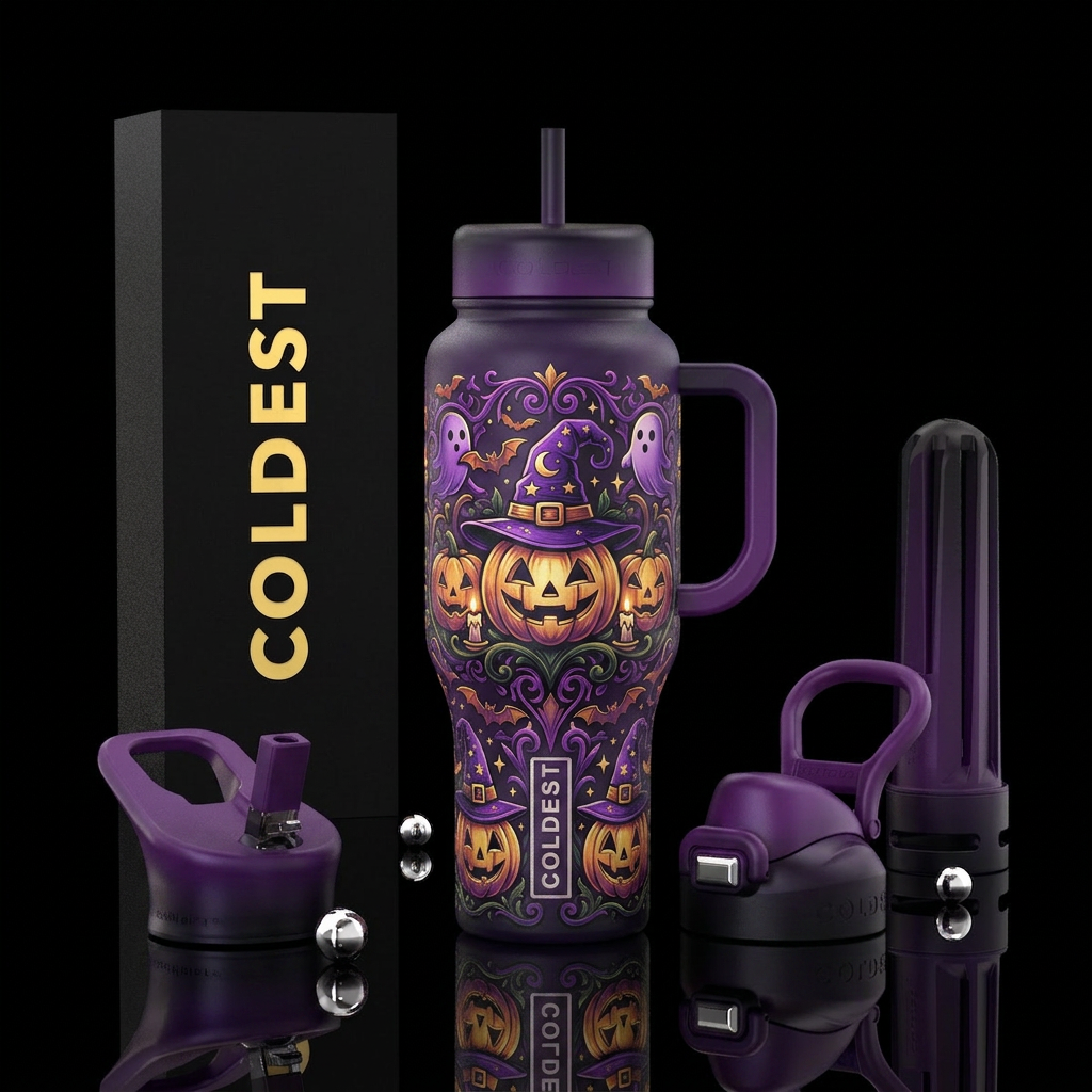 Purple Haloween water bottle design