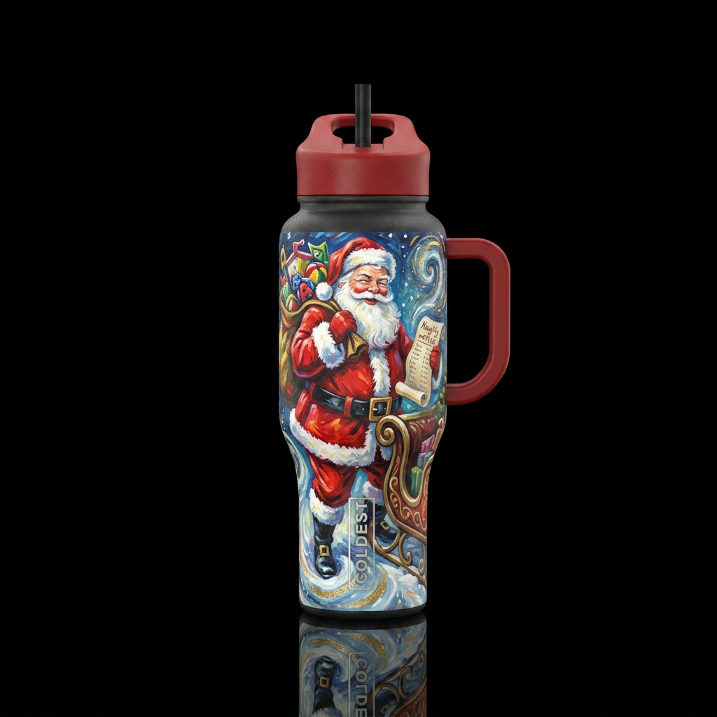 Santa's list water bottle design