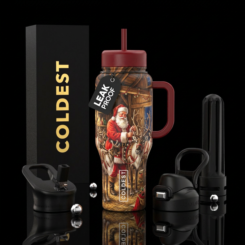 Santa getting the sleigh ready water bottle design