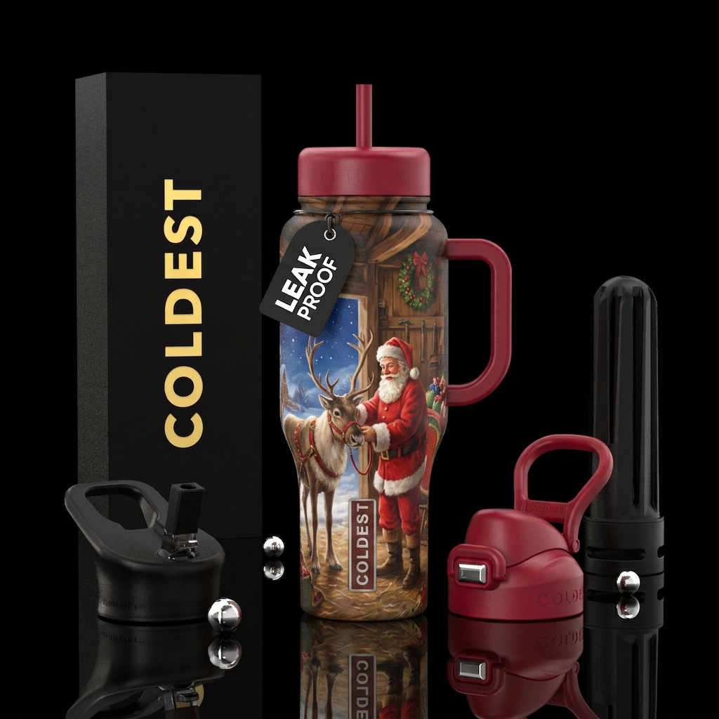 Santa preparing for the biggest night of the year water bottle design