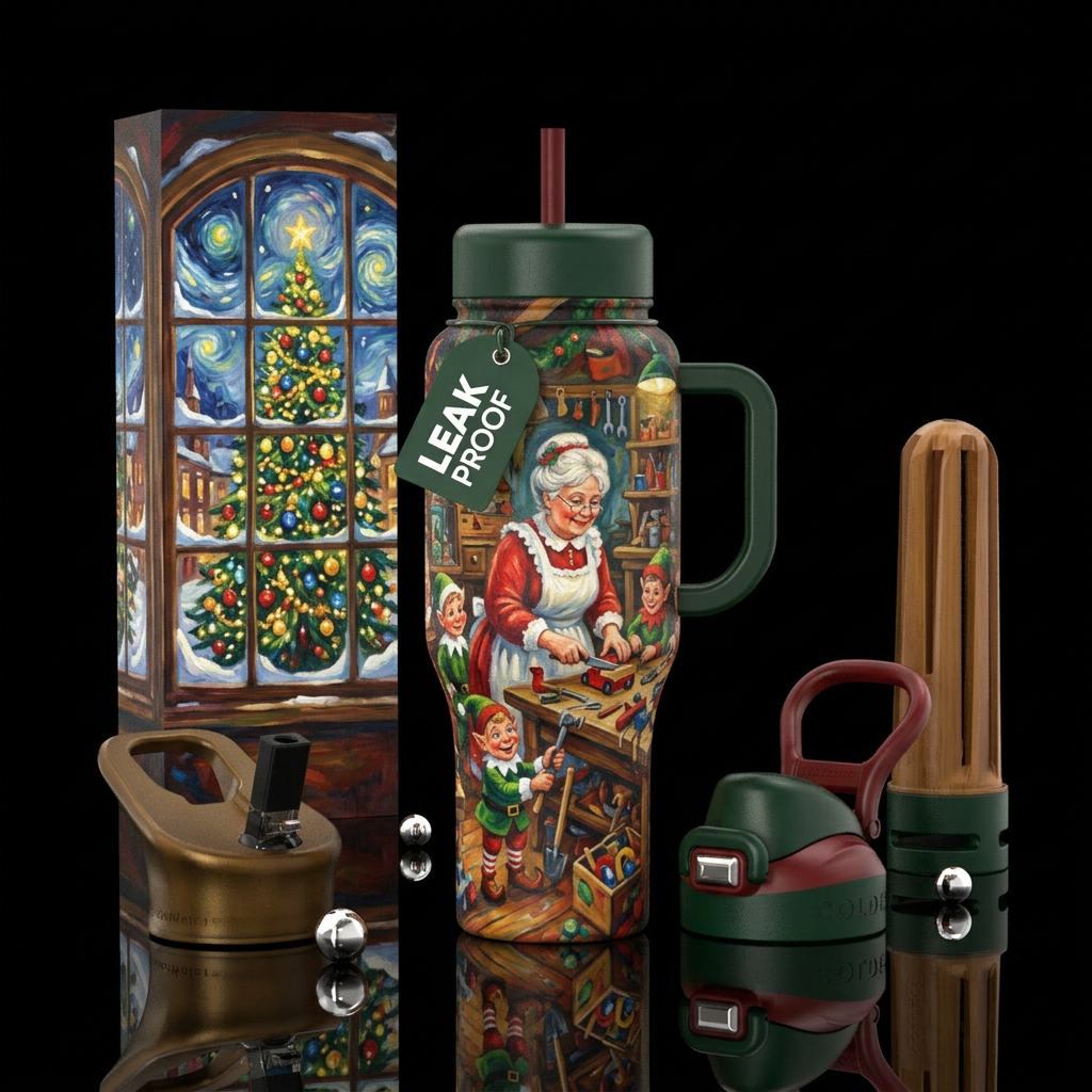 Mrs Claus helping the elves water bottle design