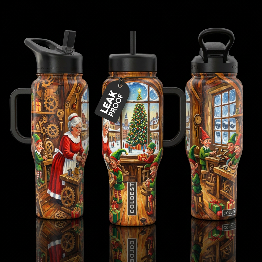 Santa's workshop water bottle design