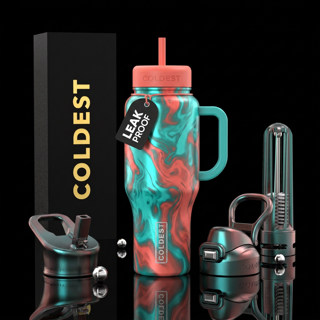 Teal and coral water bottle design