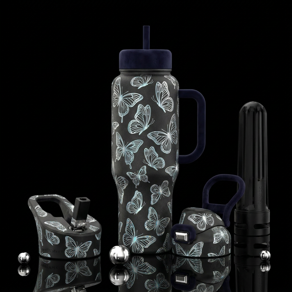 Metallic butterflies water bottle design