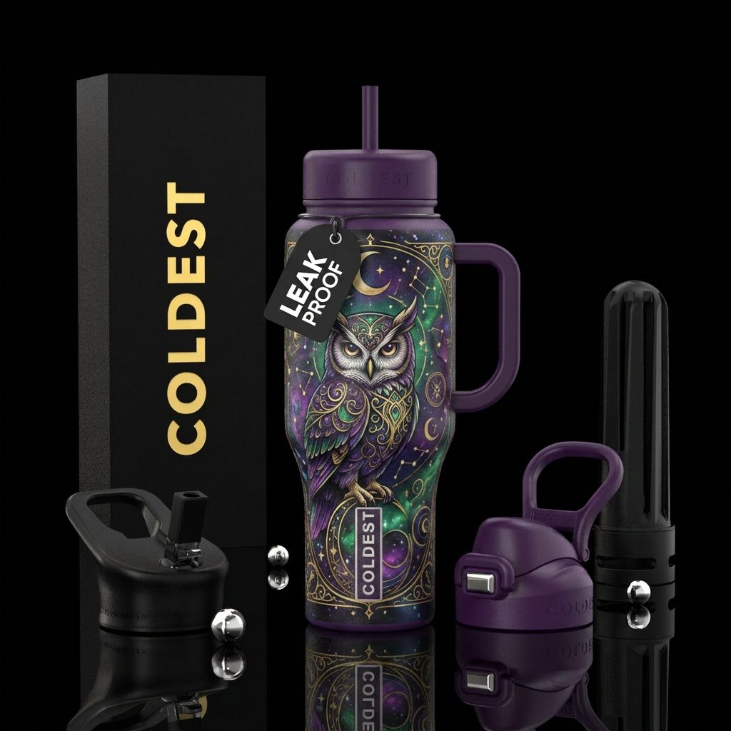 Witchy featuring a moon and an owl water bottle design