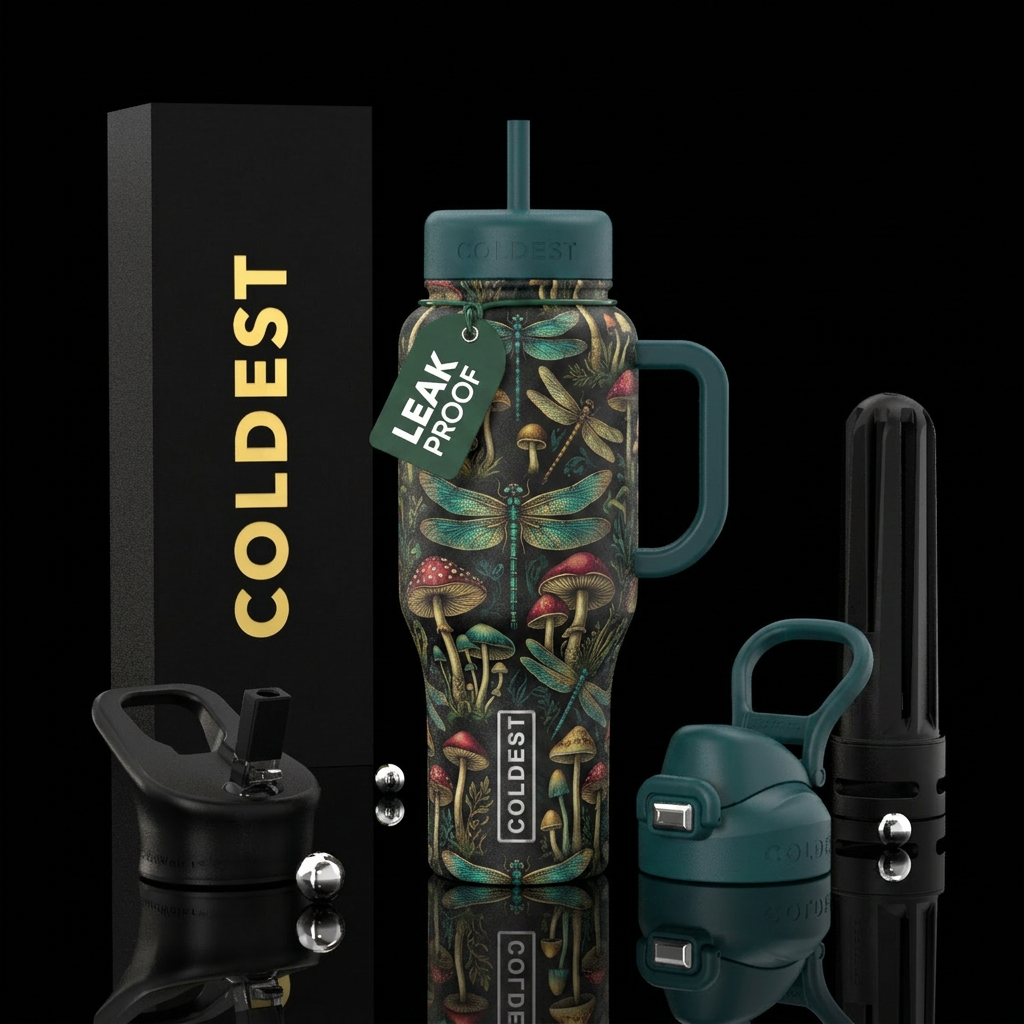 Dragonflies and mushrooms and Victorian design water bottle design