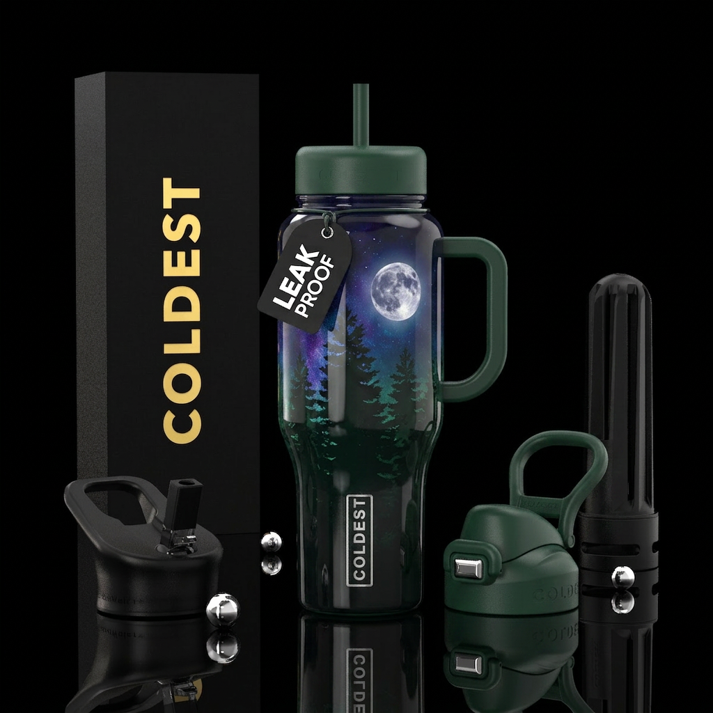 Tall pine trees against a dark sky with a full moo... water bottle design