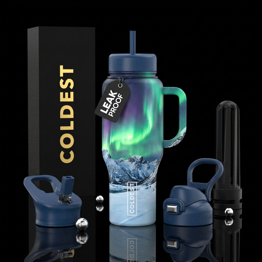 Northern lights over snow capped mountains water bottle design