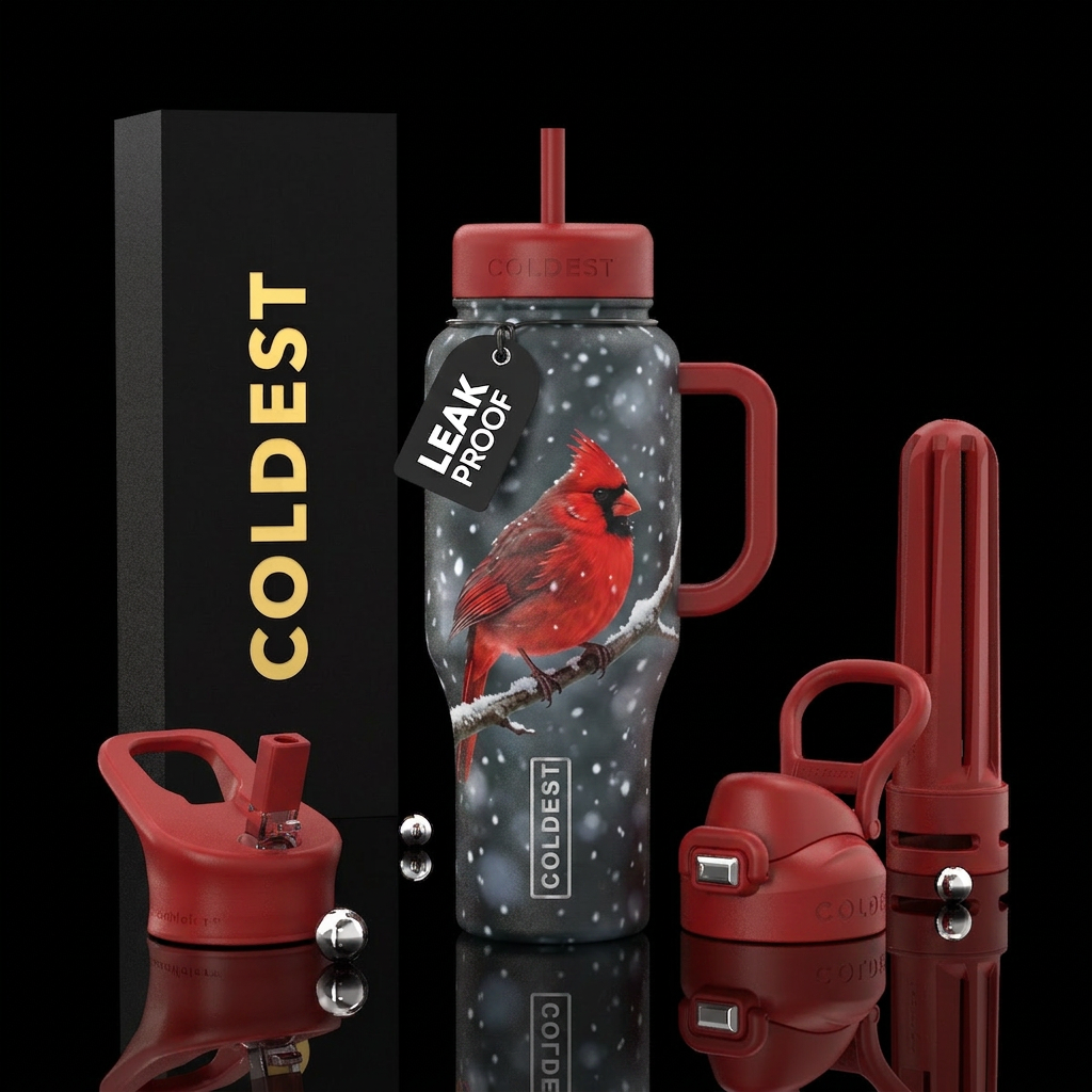 Red cardinal perched on a branch with falling snow... water bottle design