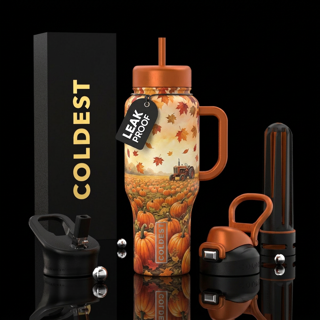 Fall leaves falling over a field of pumpkins with ... water bottle design