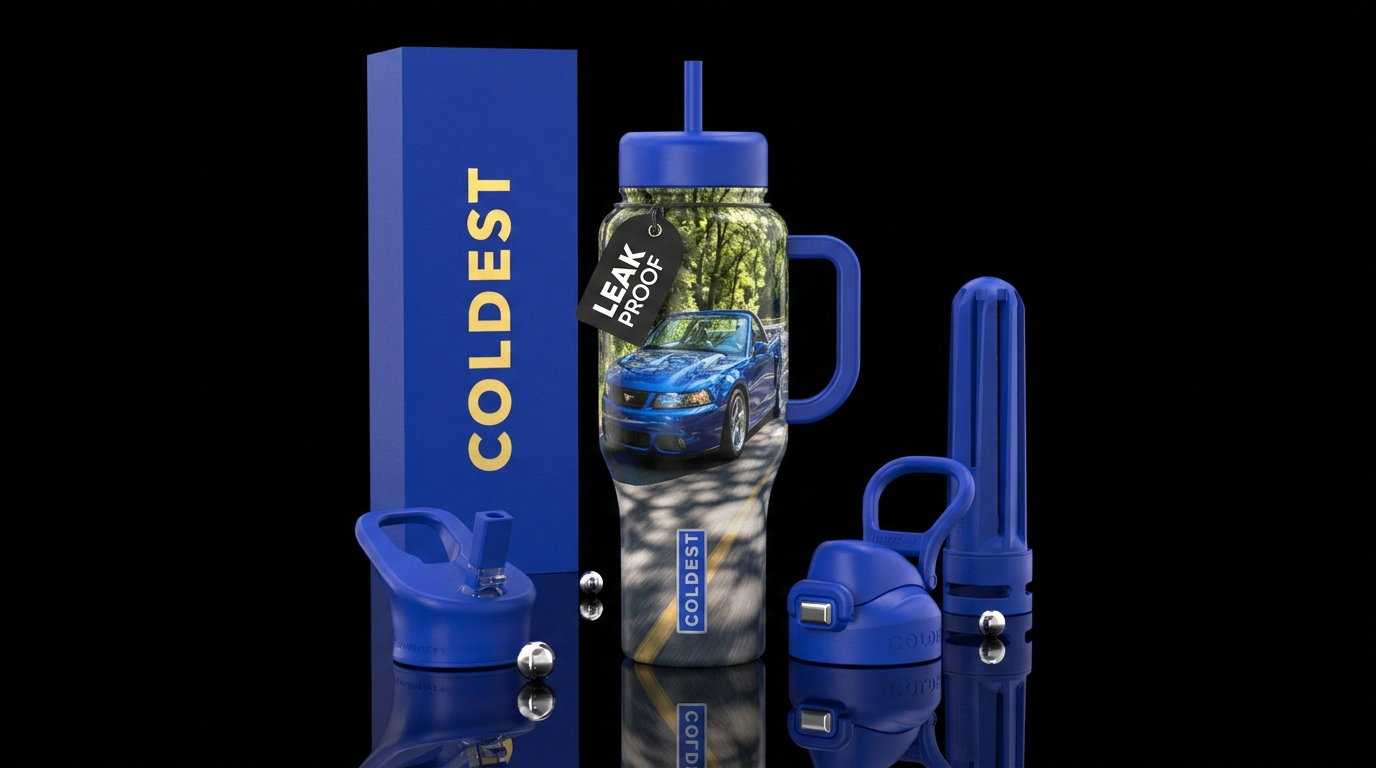 Blue mustang cobra convertible driving down a tree... water bottle design