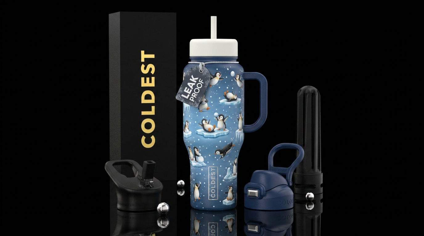 Penguins playing in the falling snow water bottle design