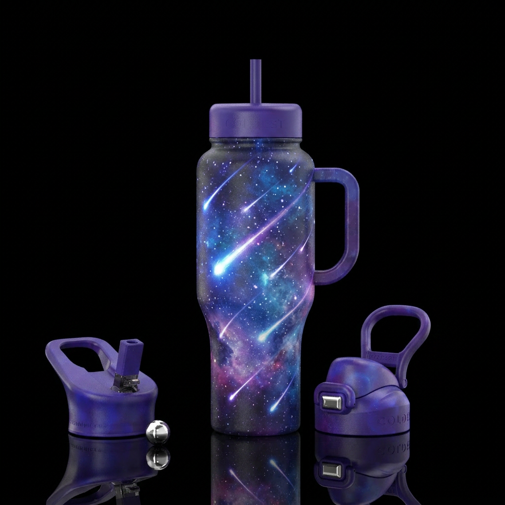 Shooting stars lighting up a colorful sky water bottle design
