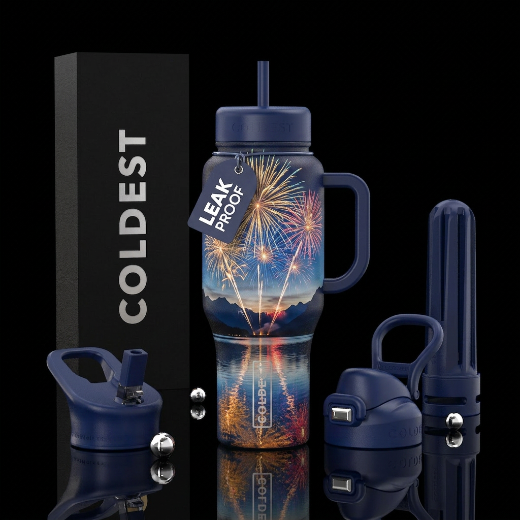 Fireworks exploding over a lake with mountains in ... water bottle design