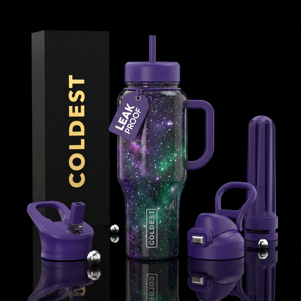 Starry sky with swirls of greens and purples water bottle design