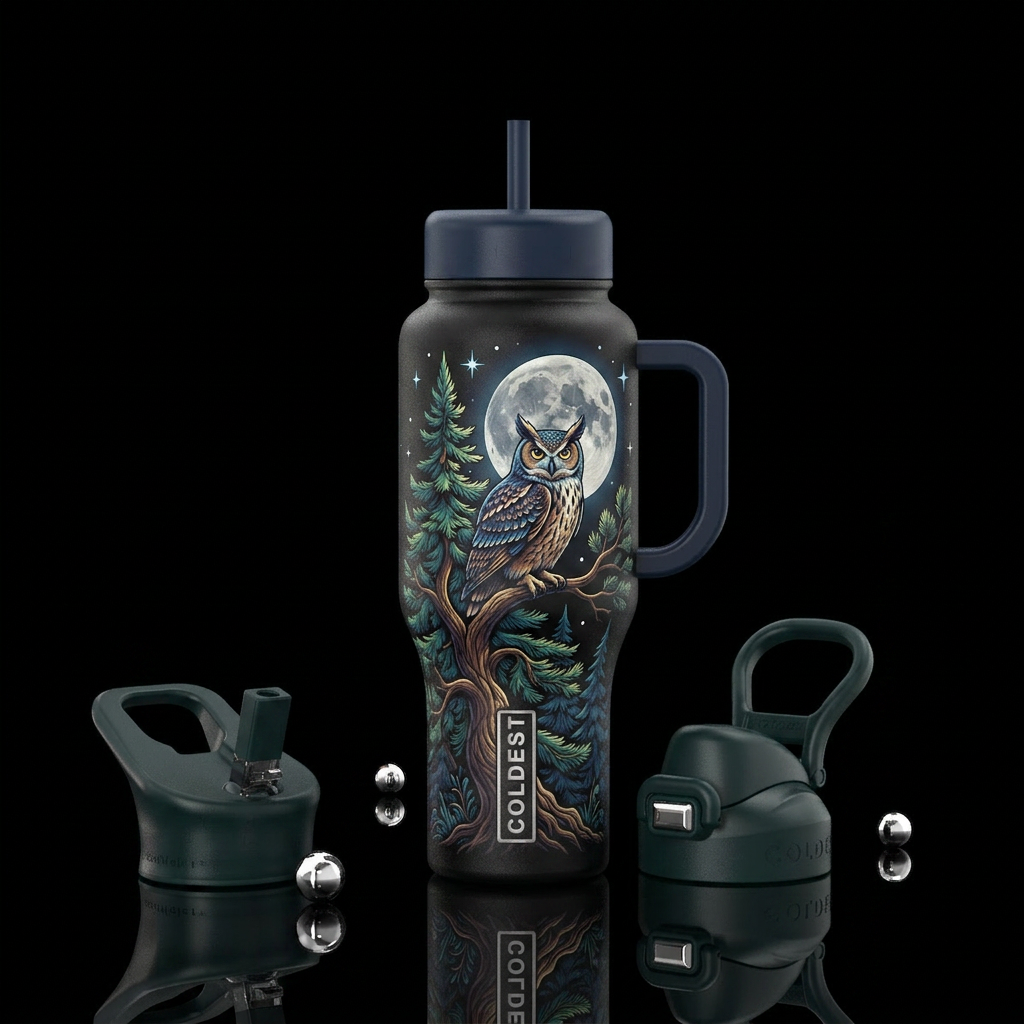 An owl sitting in a pine tree under a full moon in... water bottle design