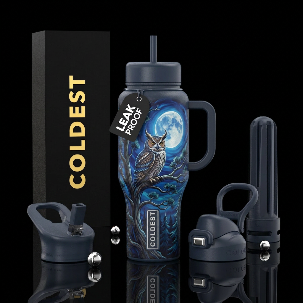 An owl sitting in a pine tree under a full moon in... water bottle design