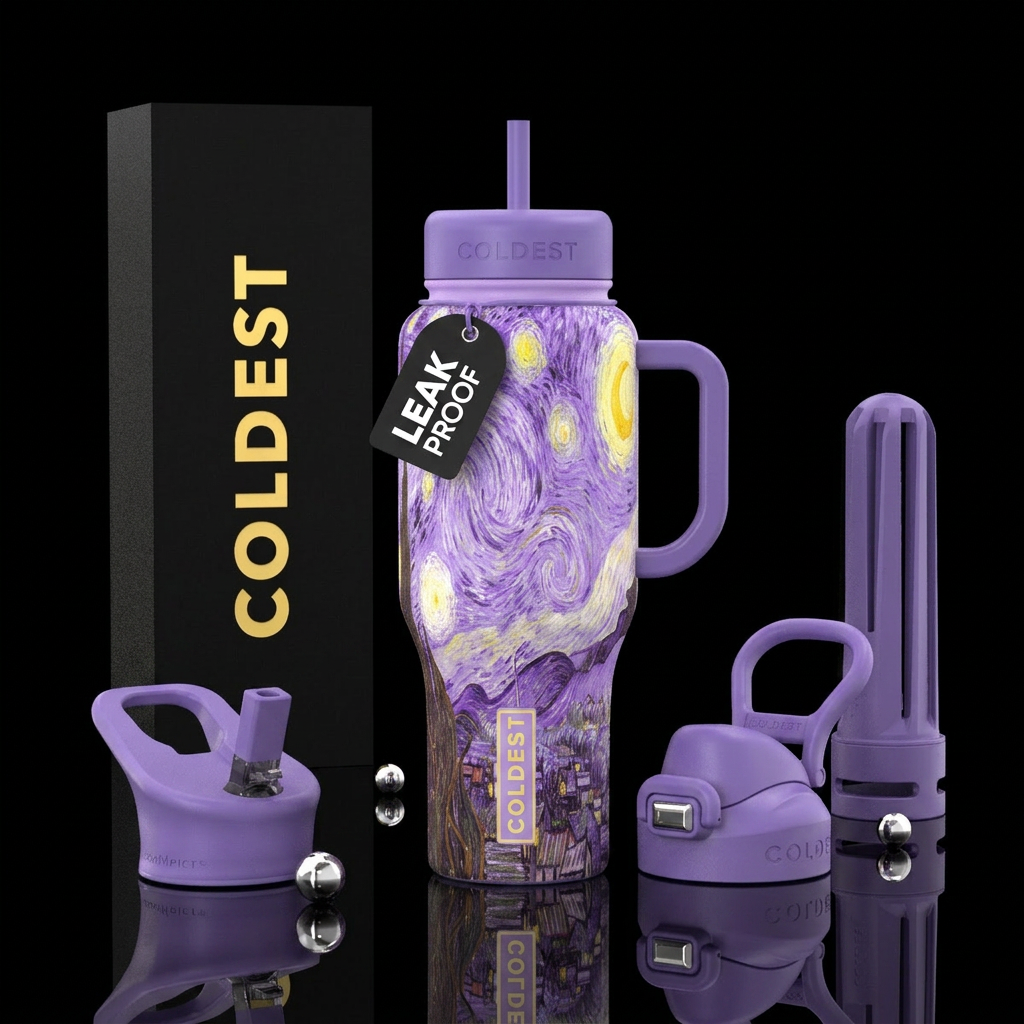 Create Van Gogh starry night but make it light pur... water bottle design