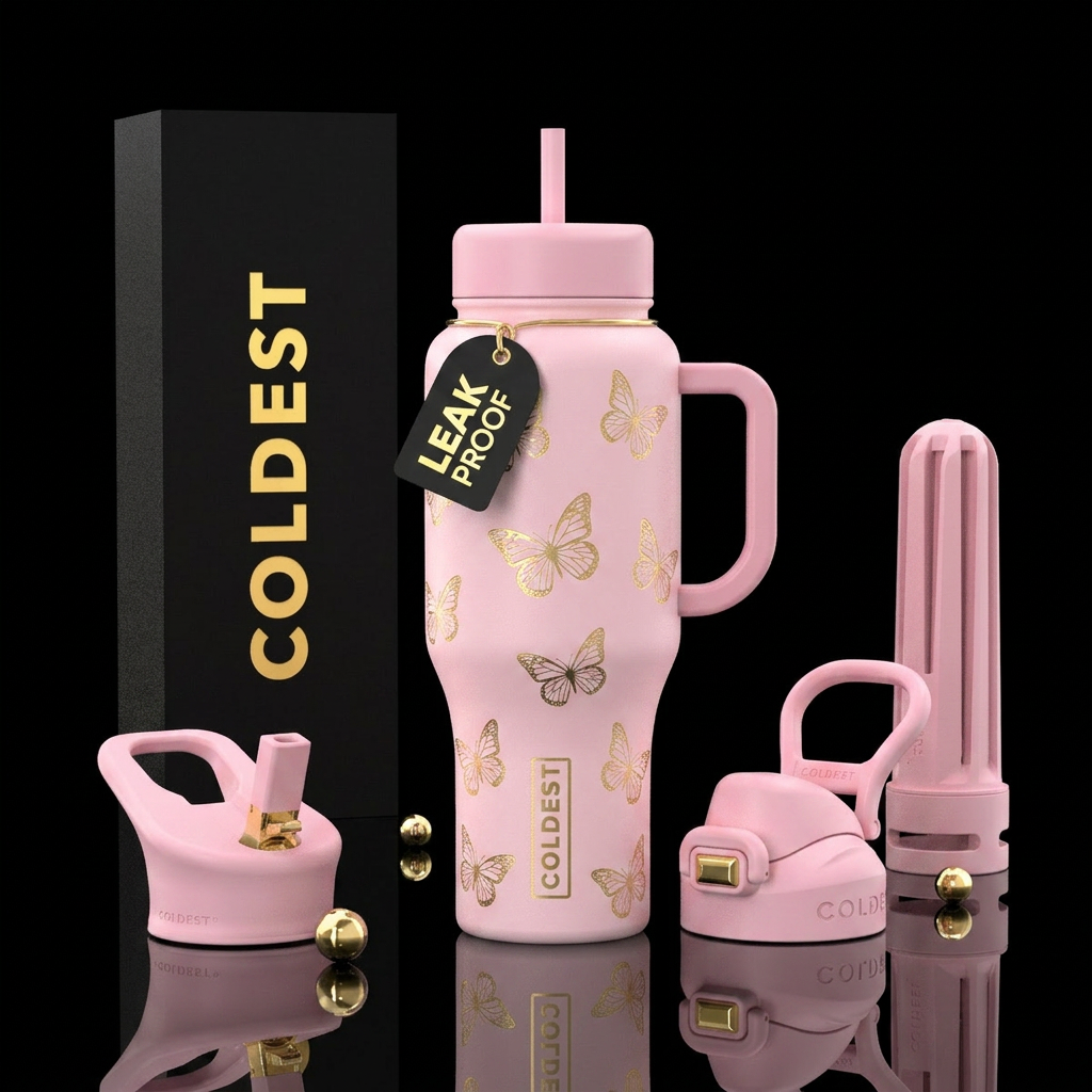 Create a cute baby pink bottle with gold butterfli... water bottle design