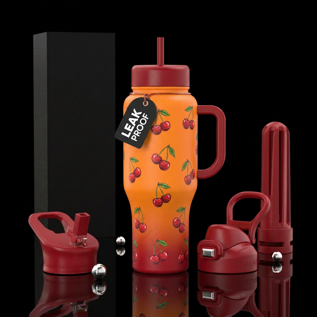 Create a orange cup with ombré red coming up the b... water bottle design